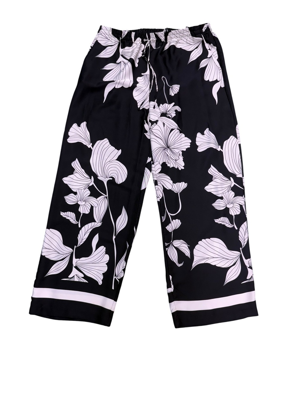 Black Wide-Leg Floral Print Pants with Pale Pink Blooms